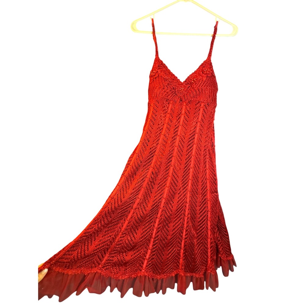 Vintage Sue Wong Red Crochet Beaded Midi Dress V Neck Ruffle Hem Small